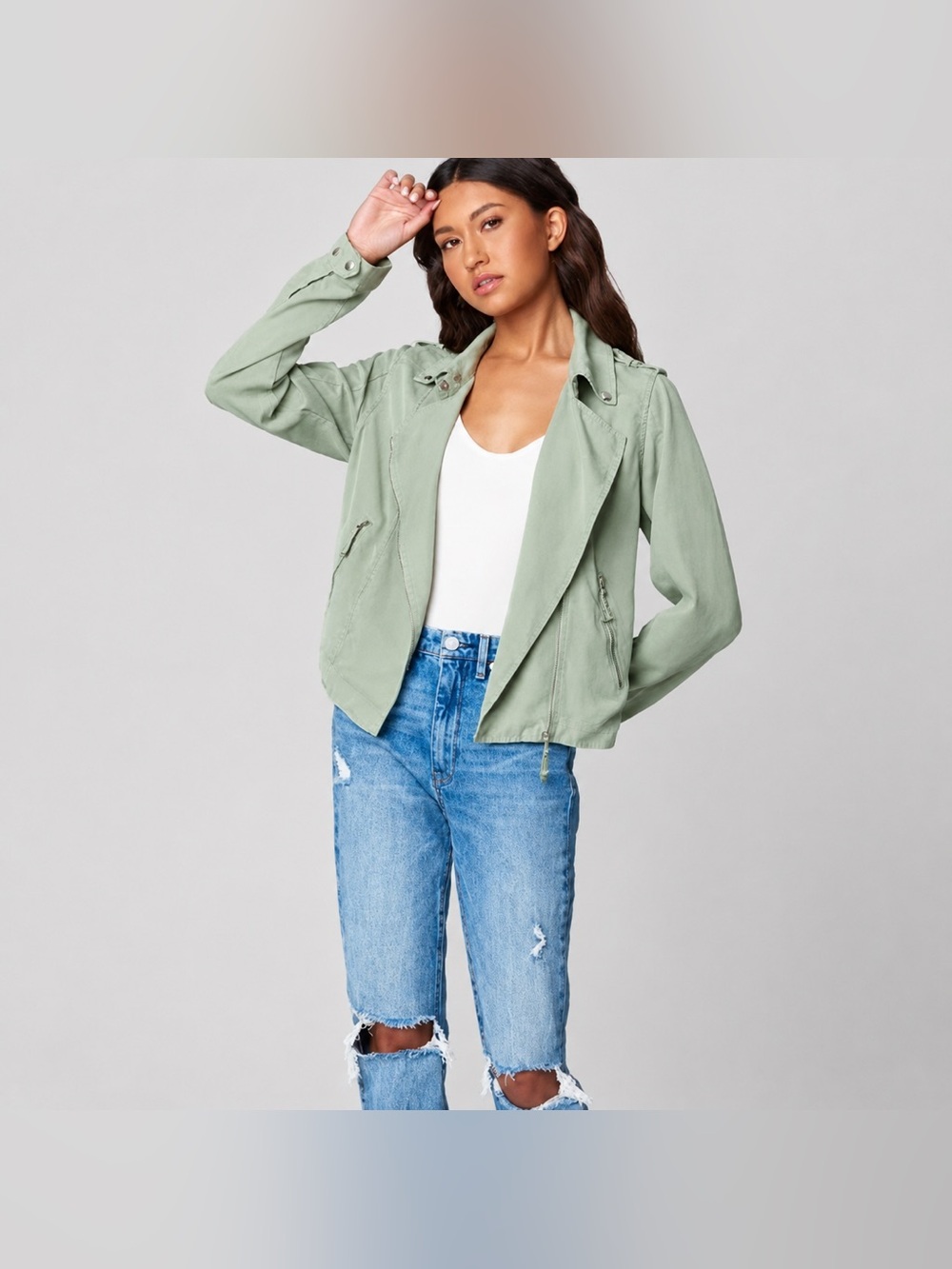 Mint Green Lyocell Utility Moto Jacket | Lightweight Fall Layer | Size S
